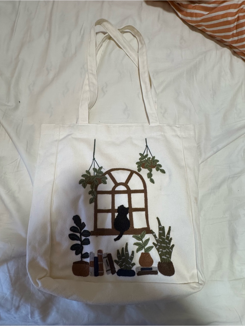 Indigo Cream Canvas Tote with Brown Window & Green Plant Embroidery
